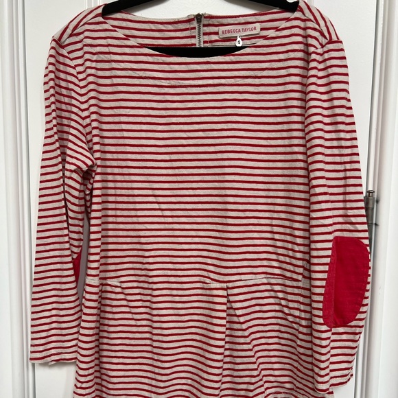 Rebecca Taylor Red White Striped Women's Medium Peplum 3/4 Length Sleeve Blouse - Picture 1 of 3